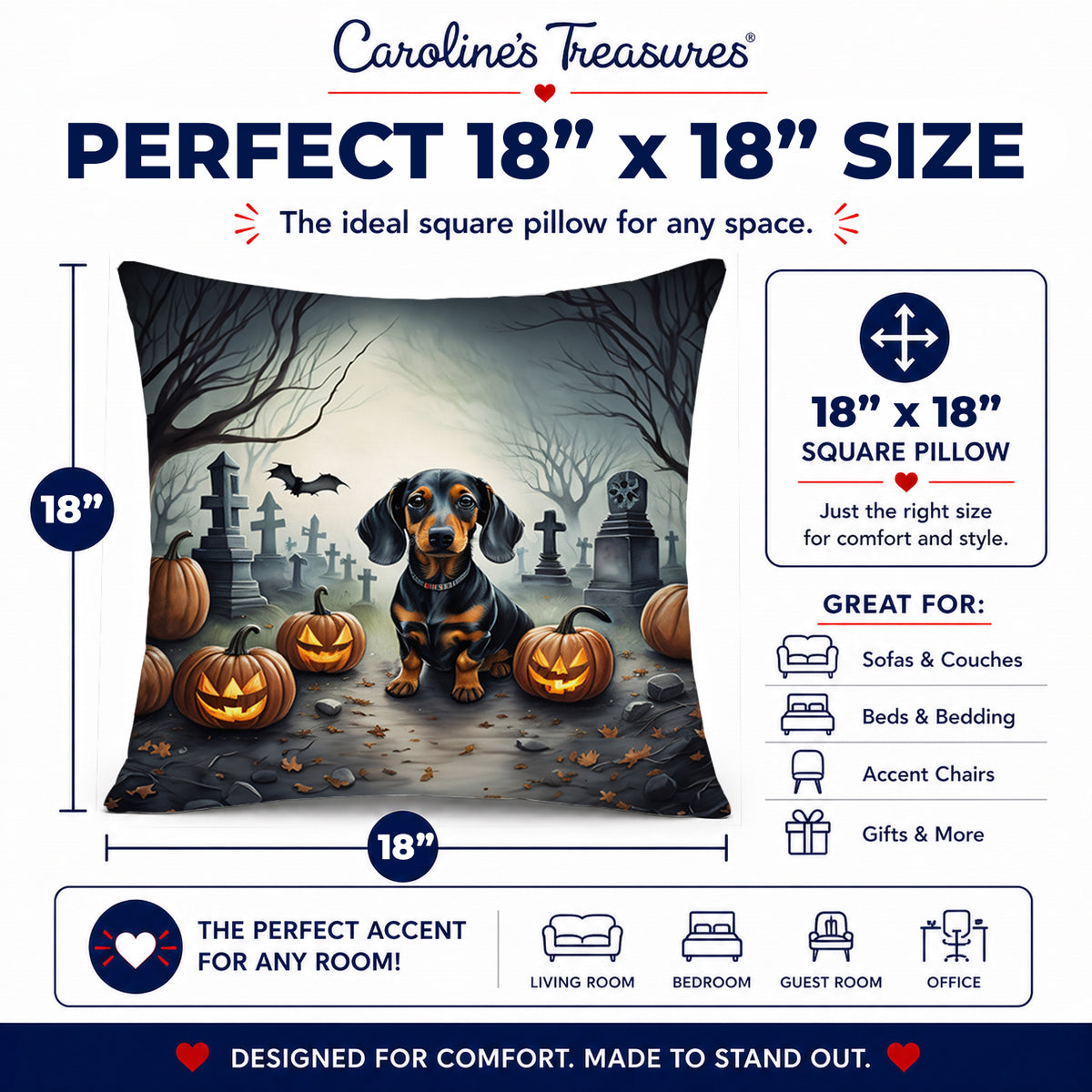 Caroline's Treasures DAC2036PW1818 Dachshund Spooky Halloween Fabric Decorative Pillow Machine Washable, Indoor Outdoor Decorative Pillow for Couch, Bed or Patio, 18Hx18W