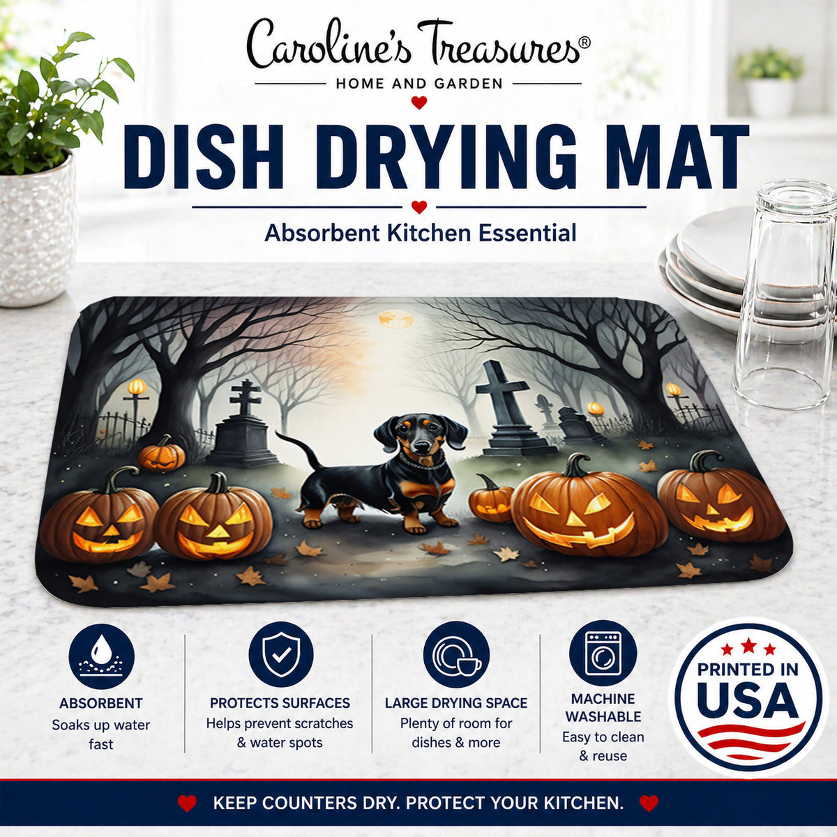 Caroline's Treasures DAC2037DDM Dachshund Spooky Halloween Dish Drying Mat Absorbent Dish Drying Mat Pad for Kitchen Counter Dish Drainer Mat for Countertop, 14 x 21, Multicolor