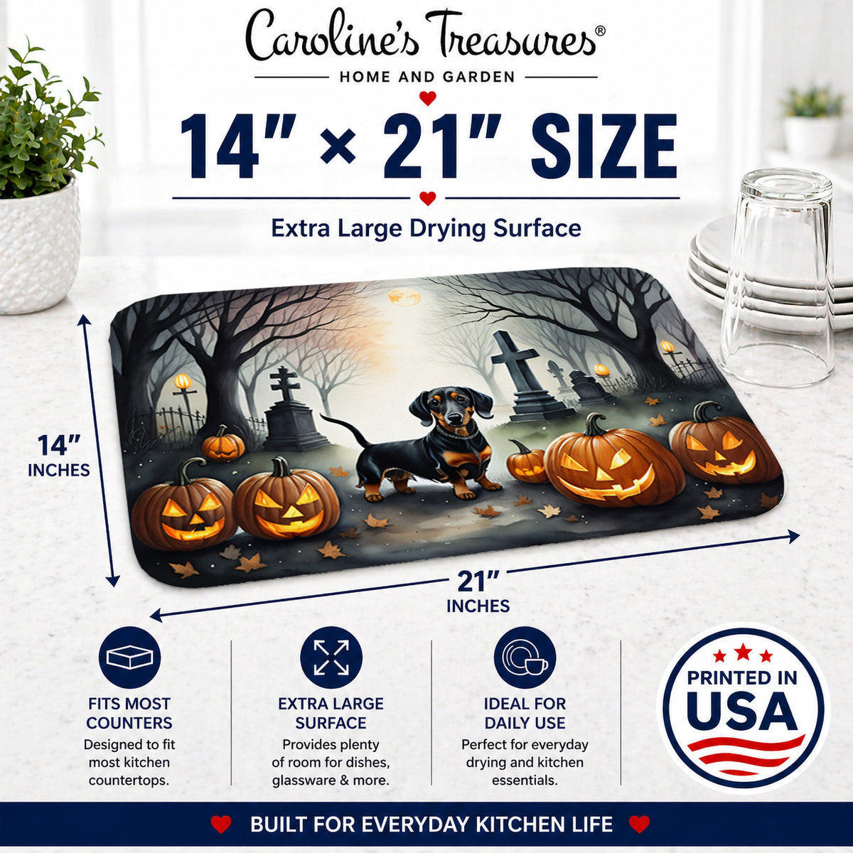 Caroline's Treasures DAC2037DDM Dachshund Spooky Halloween Dish Drying Mat Absorbent Dish Drying Mat Pad for Kitchen Counter Dish Drainer Mat for Countertop, 14 x 21, Multicolor