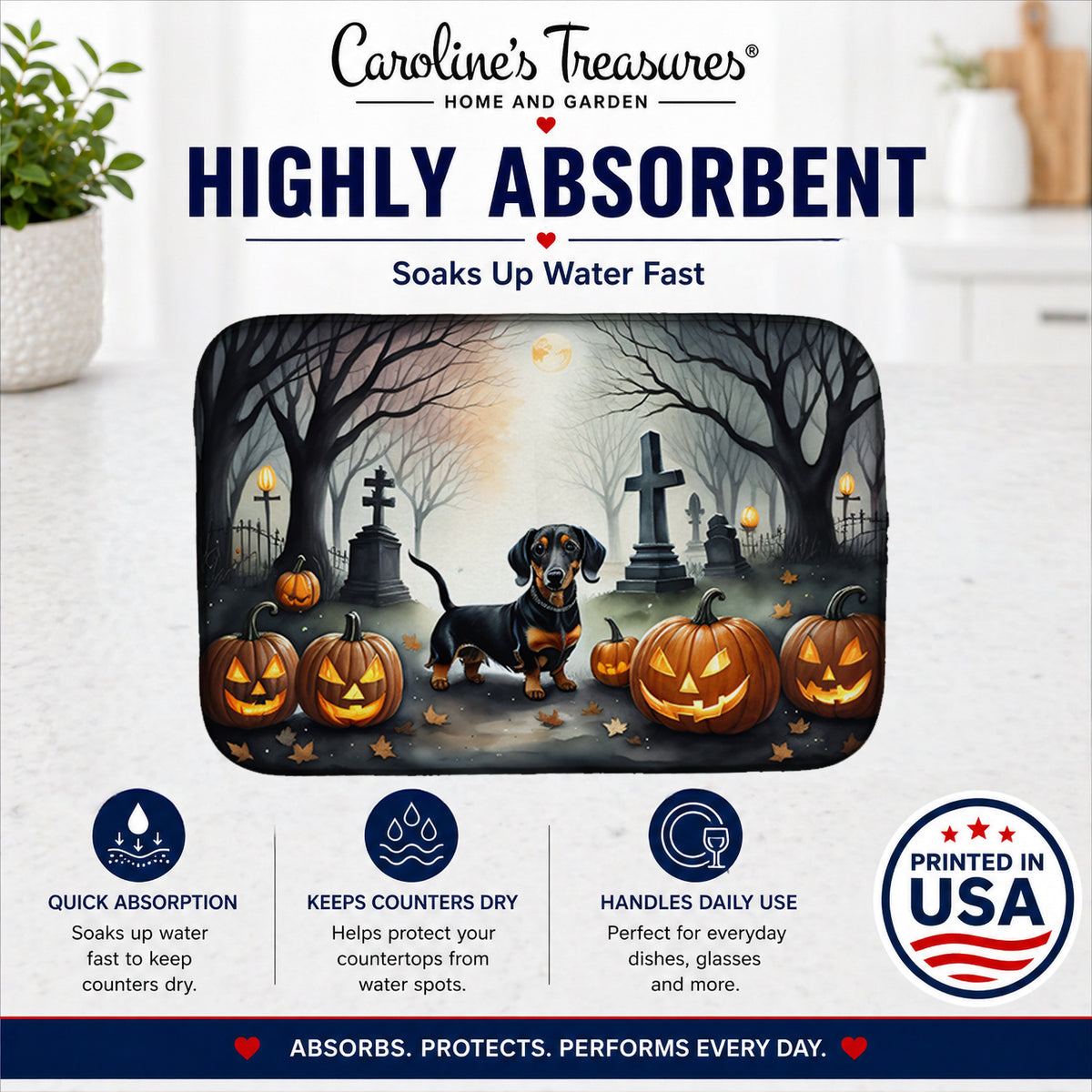 Caroline's Treasures DAC2037DDM Dachshund Spooky Halloween Dish Drying Mat Absorbent Dish Drying Mat Pad for Kitchen Counter Dish Drainer Mat for Countertop, 14 x 21, Multicolor