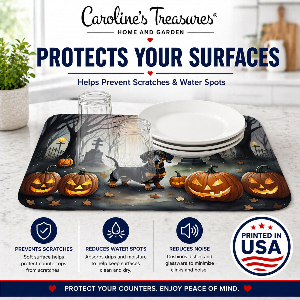 Caroline's Treasures DAC2037DDM Dachshund Spooky Halloween Dish Drying Mat Absorbent Dish Drying Mat Pad for Kitchen Counter Dish Drainer Mat for Countertop, 14 x 21, Multicolor