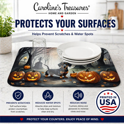 Caroline's Treasures DAC2037DDM Dachshund Spooky Halloween Dish Drying Mat Absorbent Dish Drying Mat Pad for Kitchen Counter Dish Drainer Mat for Countertop, 14 x 21, Multicolor