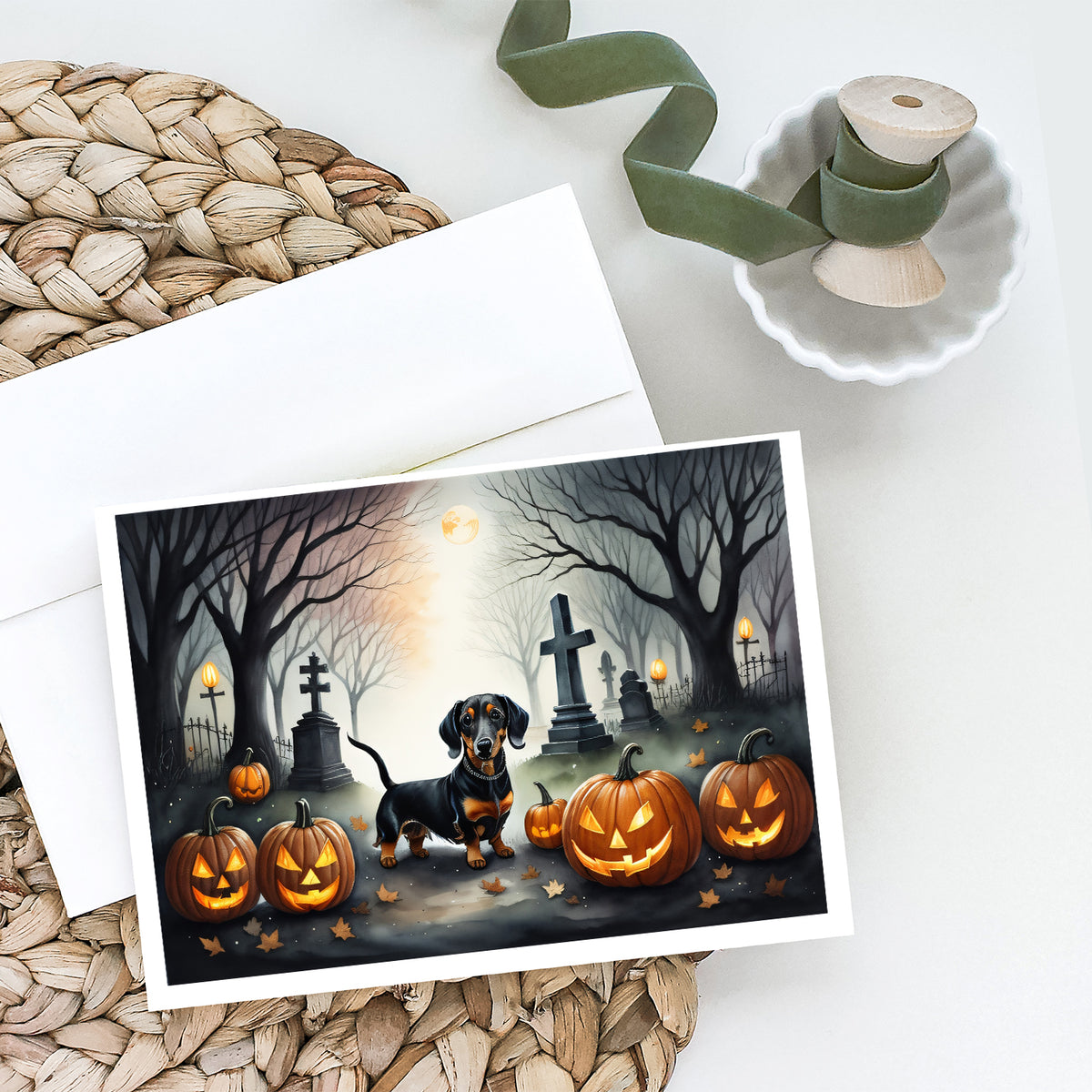 Caroline's Treasures DAC2037GCA7P Dachshund Spooky Halloween Greeting Cards and Envelopes Pack of 8 Blank Cards with Envelopes Whimsical A7 Size 5x7 Blank Greeting Cards