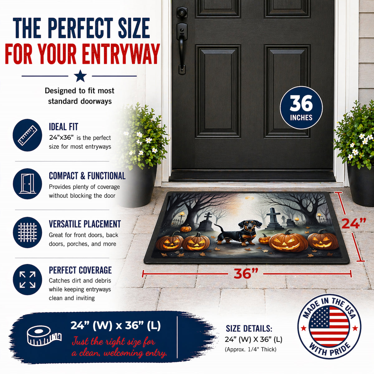 Caroline's Treasures DAC2037JMAT Dachshund Spooky Halloween Indoor or Outdoor Mat 24x36 Front Door Mat Indoor Outdoor Rugs for Entryway, Non Slip Washable Low Pile, 24H X 36W