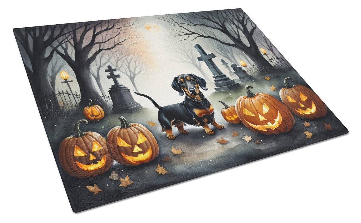 Caroline's Treasures DAC2037LCB Dachshund Spooky Halloween Glass Cutting Board Large Decorative Tempered Glass Kitchen Cutting and Serving Board Large Size Chopping Board
