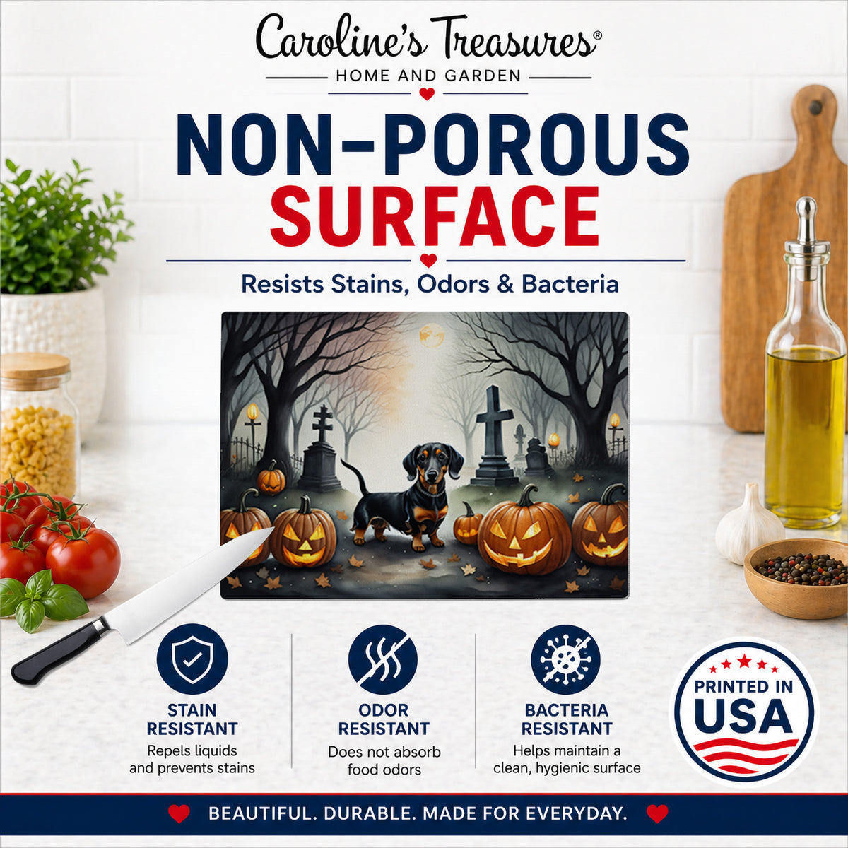 Caroline's Treasures DAC2037LCB Dachshund Spooky Halloween Glass Cutting Board Large Decorative Tempered Glass Kitchen Cutting and Serving Board Large Size Chopping Board