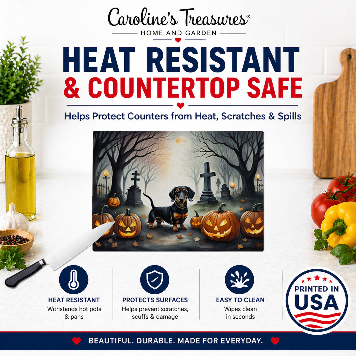 Caroline's Treasures DAC2037LCB Dachshund Spooky Halloween Glass Cutting Board Large Decorative Tempered Glass Kitchen Cutting and Serving Board Large Size Chopping Board