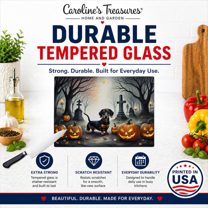 Caroline's Treasures DAC2037LCB Dachshund Spooky Halloween Glass Cutting Board Large Decorative Tempered Glass Kitchen Cutting and Serving Board Large Size Chopping Board