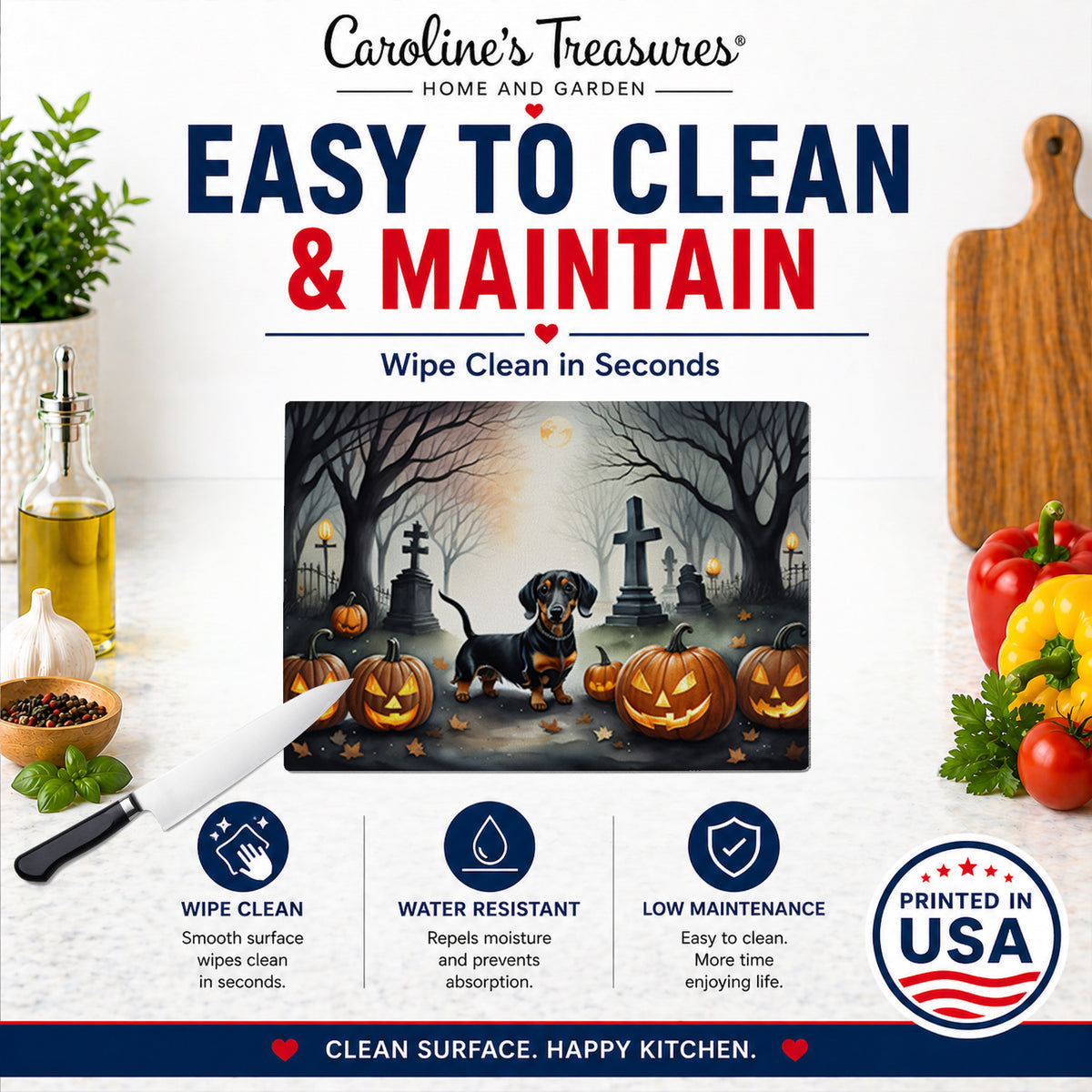 Caroline's Treasures DAC2037LCB Dachshund Spooky Halloween Glass Cutting Board Large Decorative Tempered Glass Kitchen Cutting and Serving Board Large Size Chopping Board