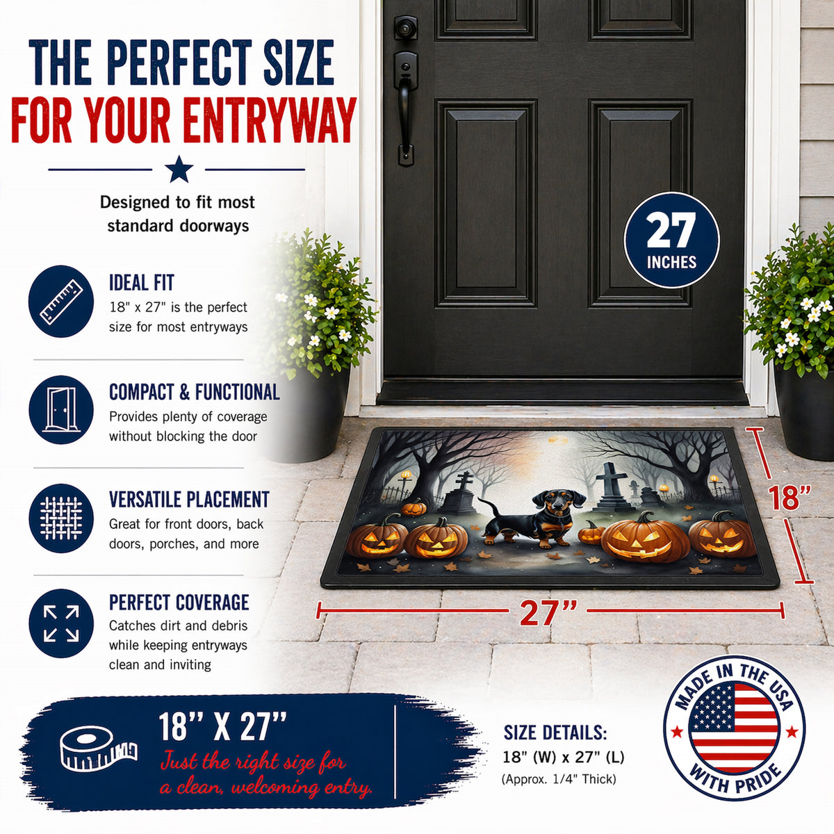 Caroline's Treasures DAC2037MAT Dachshund Spooky Halloween Doormat 18x27 Front Door Mat Indoor Outdoor Rugs for Entryway, Non Slip Washable Low Pile, 18H X 27W