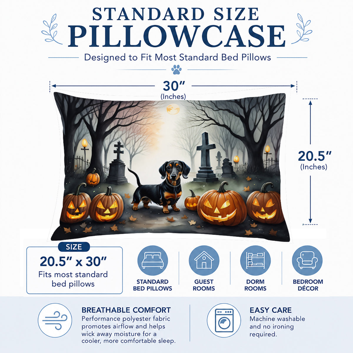 Caroline's Treasures DAC2037PILLOWCASE Dachshund Spooky Halloween Fabric Standard Pillowcase Lightweight Super Soft Easy Care Decorative Artwork Pillowcase, Standard