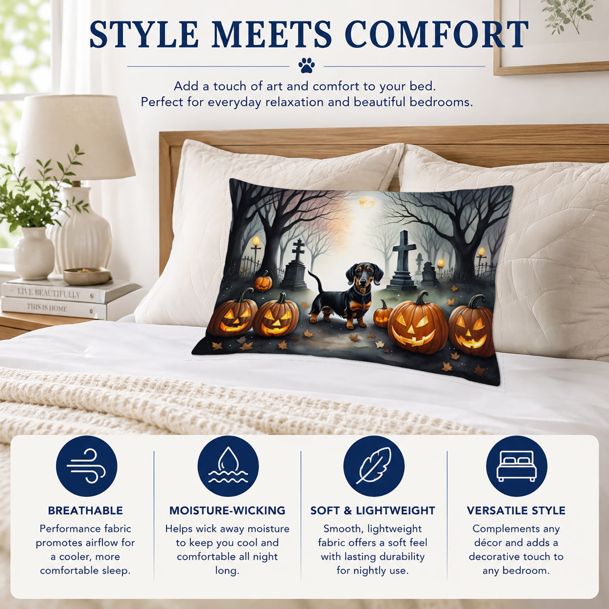 Caroline's Treasures DAC2037PILLOWCASE Dachshund Spooky Halloween Fabric Standard Pillowcase Lightweight Super Soft Easy Care Decorative Artwork Pillowcase, Standard