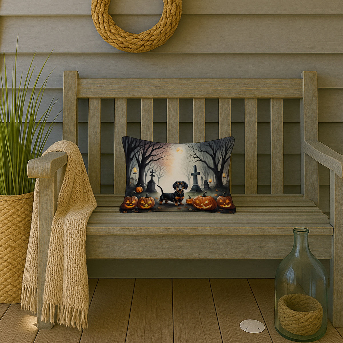Caroline's Treasures DAC2037PW1216 Dachshund Spooky Halloween Fabric Decorative Pillow Machine Washable, Indoor Outdoor Decorative Pillow for Couch, Bed or Patio, 12HX16W