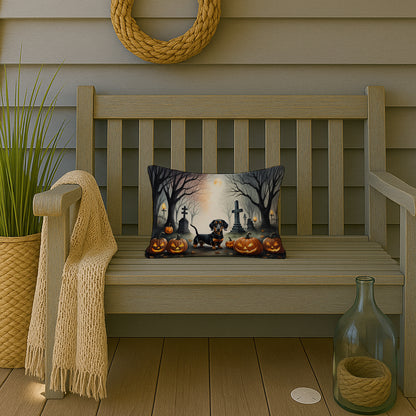 Caroline's Treasures DAC2037PW1216 Dachshund Spooky Halloween Fabric Decorative Pillow Machine Washable, Indoor Outdoor Decorative Pillow for Couch, Bed or Patio, 12HX16W