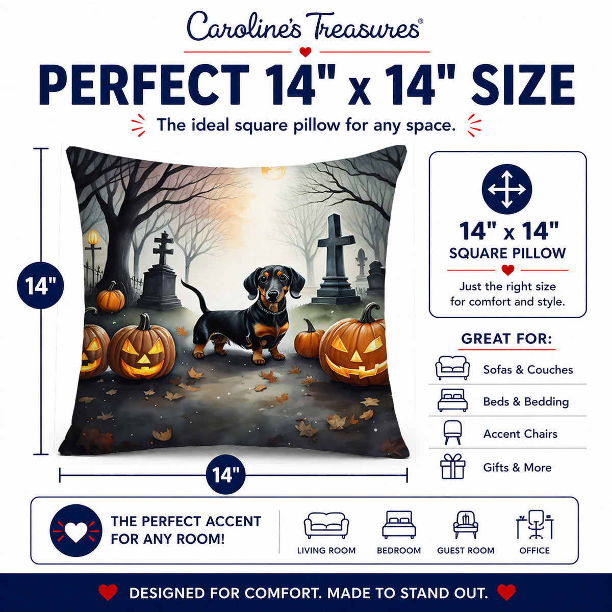 Caroline's Treasures DAC2037PW1414 Dachshund Spooky Halloween Fabric Decorative Pillow Machine Washable, Indoor Outdoor Decorative Pillow for Couch, Bed or Patio, 14Hx14W