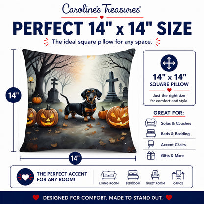 Caroline's Treasures DAC2037PW1414 Dachshund Spooky Halloween Fabric Decorative Pillow Machine Washable, Indoor Outdoor Decorative Pillow for Couch, Bed or Patio, 14Hx14W