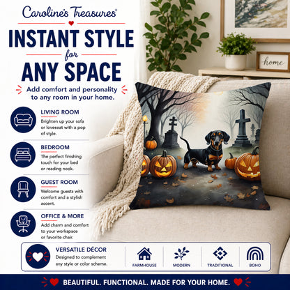 Caroline's Treasures DAC2037PW1414 Dachshund Spooky Halloween Fabric Decorative Pillow Machine Washable, Indoor Outdoor Decorative Pillow for Couch, Bed or Patio, 14Hx14W