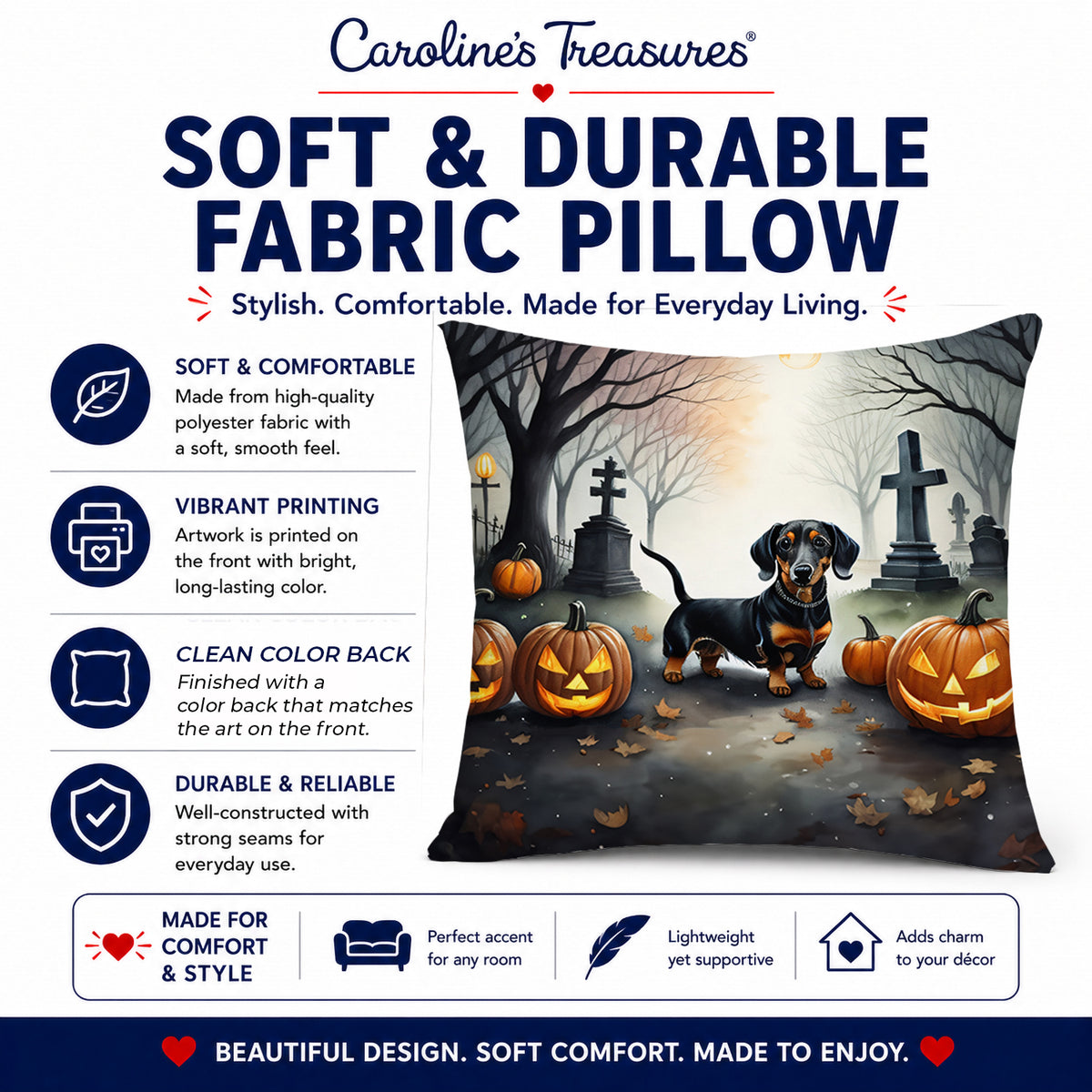 Caroline's Treasures DAC2037PW1818 Dachshund Spooky Halloween Fabric Decorative Pillow Machine Washable, Indoor Outdoor Decorative Pillow for Couch, Bed or Patio, 18Hx18W