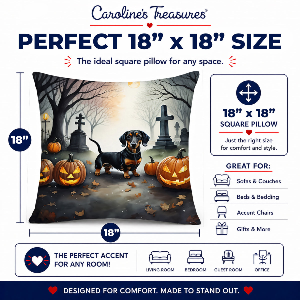 Caroline's Treasures DAC2037PW1818 Dachshund Spooky Halloween Fabric Decorative Pillow Machine Washable, Indoor Outdoor Decorative Pillow for Couch, Bed or Patio, 18Hx18W