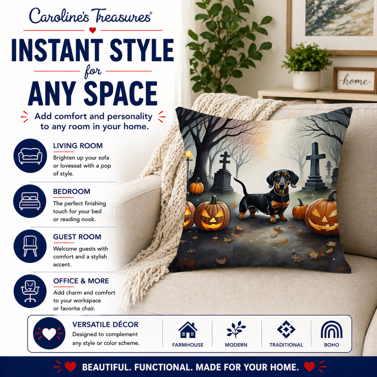 Caroline's Treasures DAC2037PW1818 Dachshund Spooky Halloween Fabric Decorative Pillow Machine Washable, Indoor Outdoor Decorative Pillow for Couch, Bed or Patio, 18Hx18W