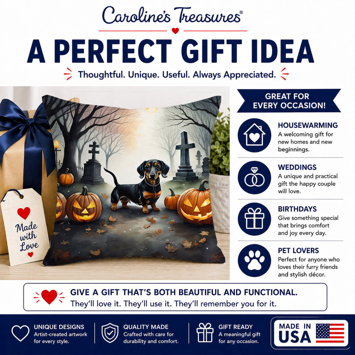Caroline's Treasures DAC2037PW1818 Dachshund Spooky Halloween Fabric Decorative Pillow Machine Washable, Indoor Outdoor Decorative Pillow for Couch, Bed or Patio, 18Hx18W
