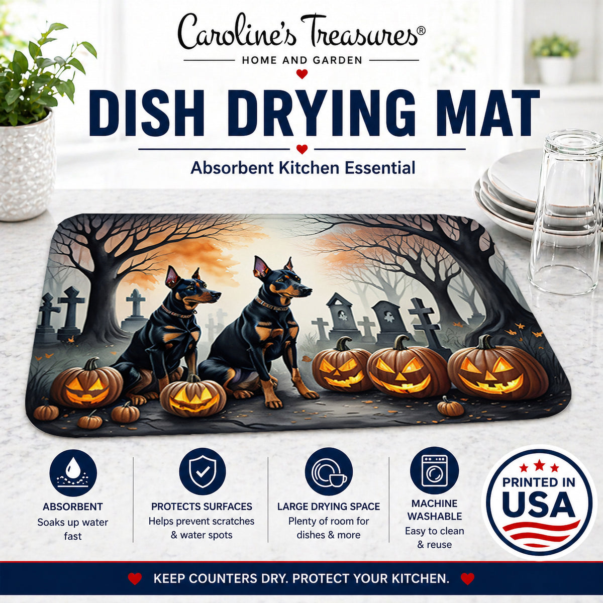 Caroline's Treasures DAC2038DDM Doberman Pinscher Spooky Halloween Dish Drying Mat Absorbent Dish Drying Mat Pad for Kitchen Counter Dish Drainer Mat for Countertop, 14 x 21, Multicolor