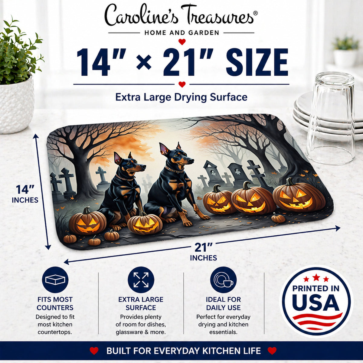 Caroline's Treasures DAC2038DDM Doberman Pinscher Spooky Halloween Dish Drying Mat Absorbent Dish Drying Mat Pad for Kitchen Counter Dish Drainer Mat for Countertop, 14 x 21, Multicolor
