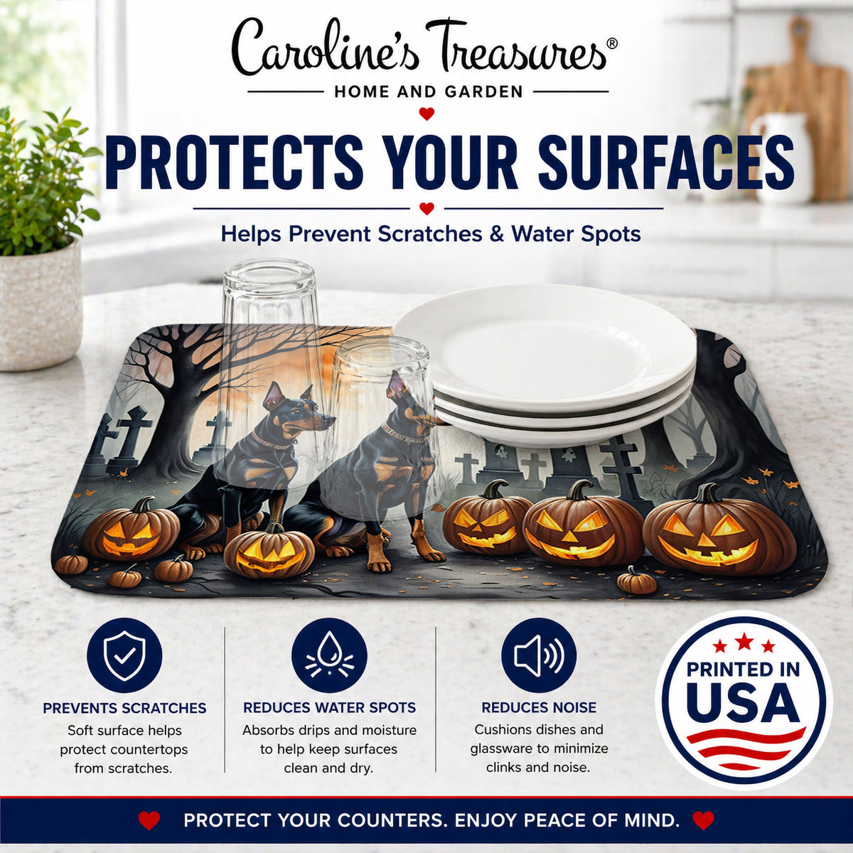 Caroline's Treasures DAC2038DDM Doberman Pinscher Spooky Halloween Dish Drying Mat Absorbent Dish Drying Mat Pad for Kitchen Counter Dish Drainer Mat for Countertop, 14 x 21, Multicolor