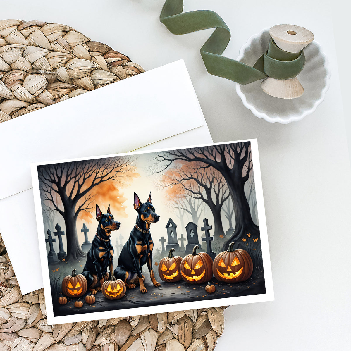 Caroline's Treasures DAC2038GCA7P Doberman Pinscher Spooky Halloween Greeting Cards and Envelopes Pack of 8 Blank Cards with Envelopes Whimsical A7 Size 5x7 Blank Greeting Cards