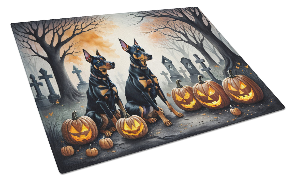 Caroline's Treasures DAC2038LCB Doberman Pinscher Spooky Halloween Glass Cutting Board Large Decorative Tempered Glass Kitchen Cutting and Serving Board Large Size Chopping Board