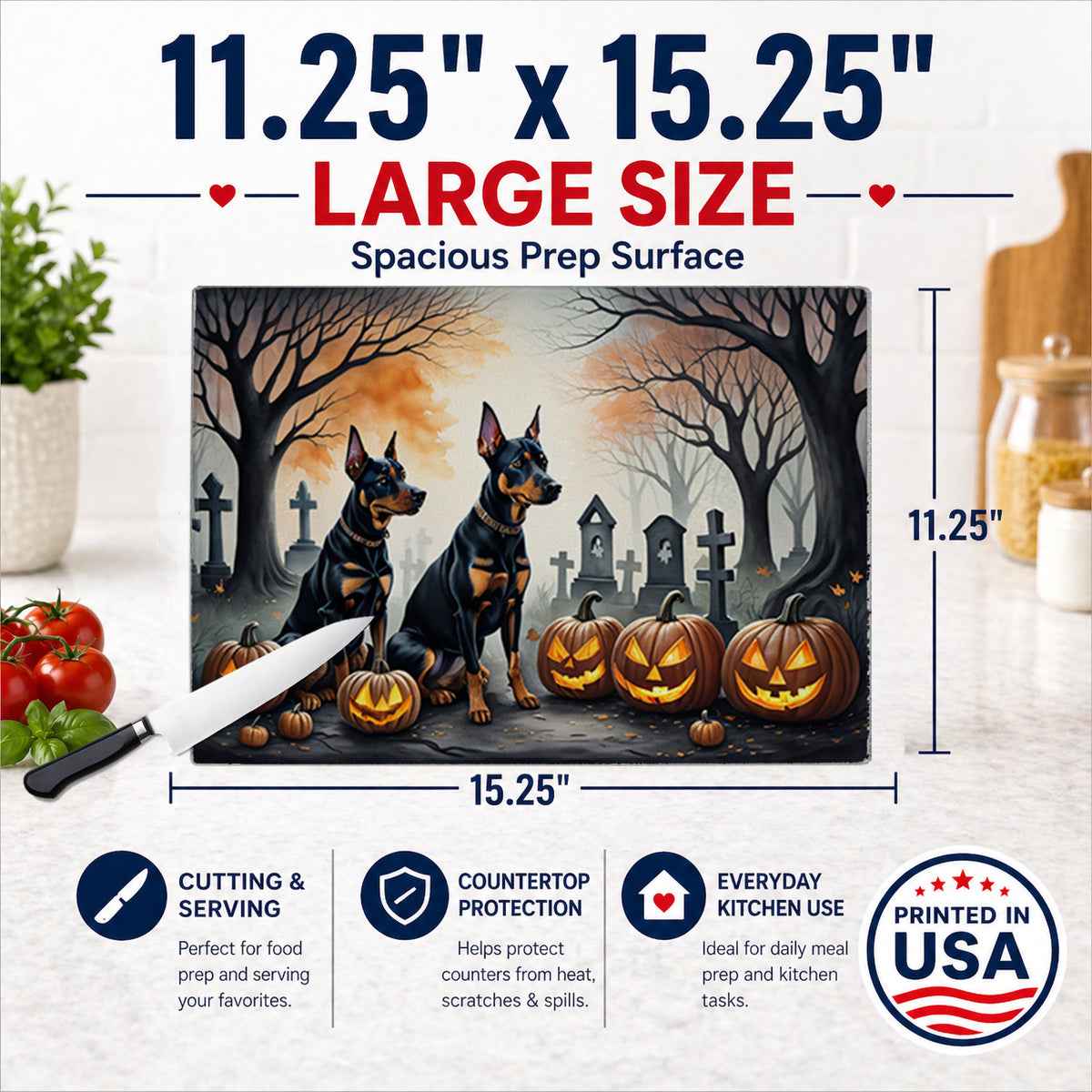 Caroline's Treasures DAC2038LCB Doberman Pinscher Spooky Halloween Glass Cutting Board Large Decorative Tempered Glass Kitchen Cutting and Serving Board Large Size Chopping Board