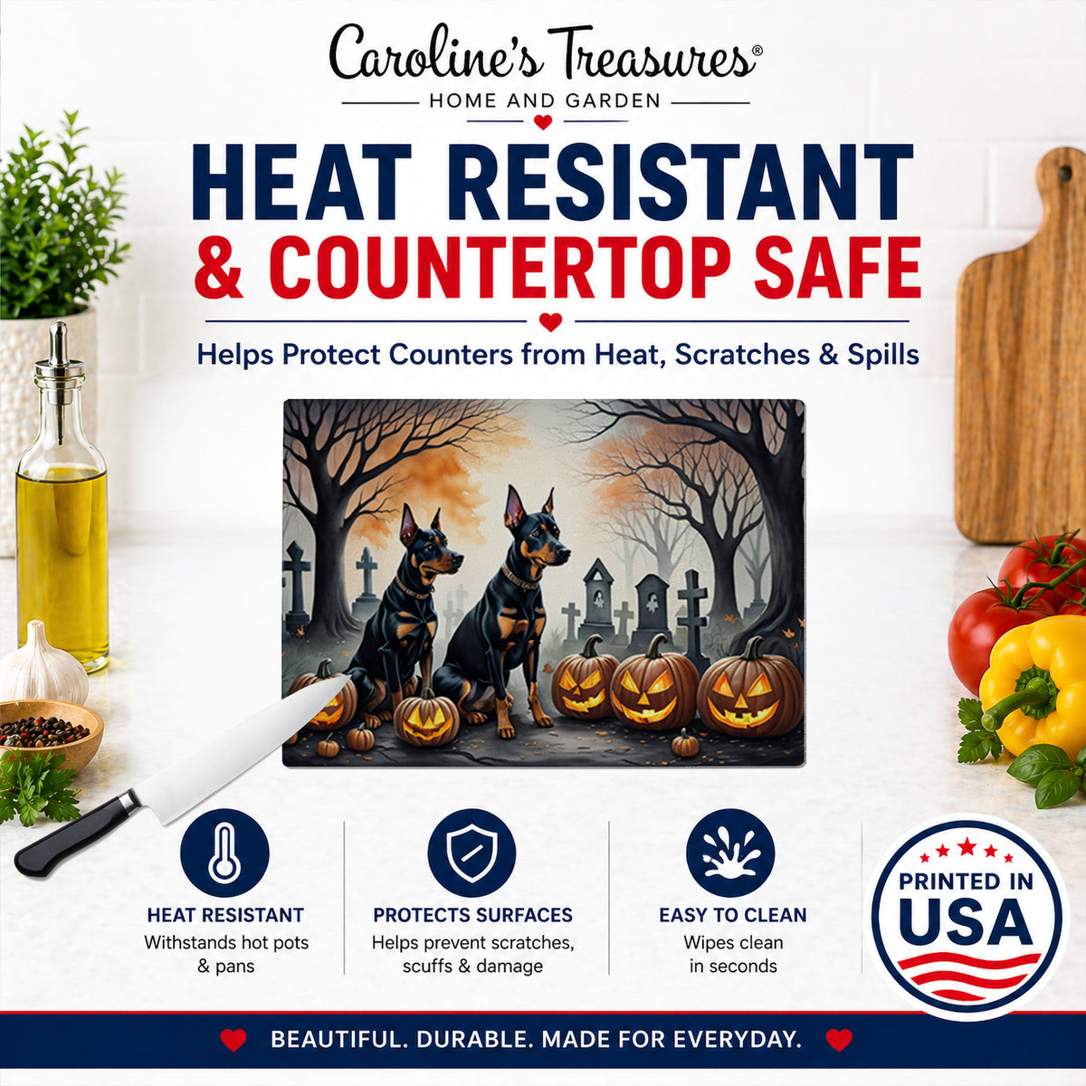 Caroline's Treasures DAC2038LCB Doberman Pinscher Spooky Halloween Glass Cutting Board Large Decorative Tempered Glass Kitchen Cutting and Serving Board Large Size Chopping Board