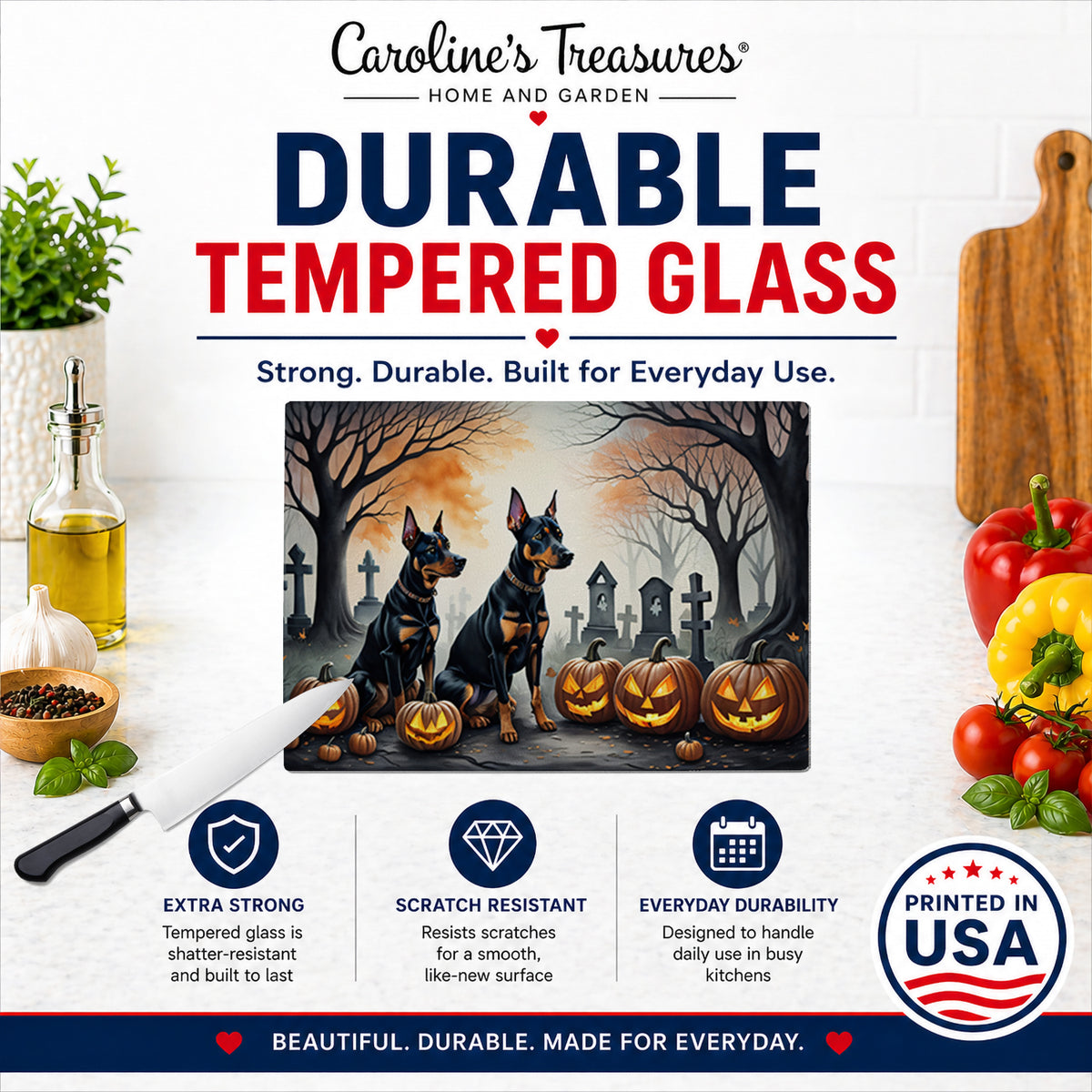Caroline's Treasures DAC2038LCB Doberman Pinscher Spooky Halloween Glass Cutting Board Large Decorative Tempered Glass Kitchen Cutting and Serving Board Large Size Chopping Board