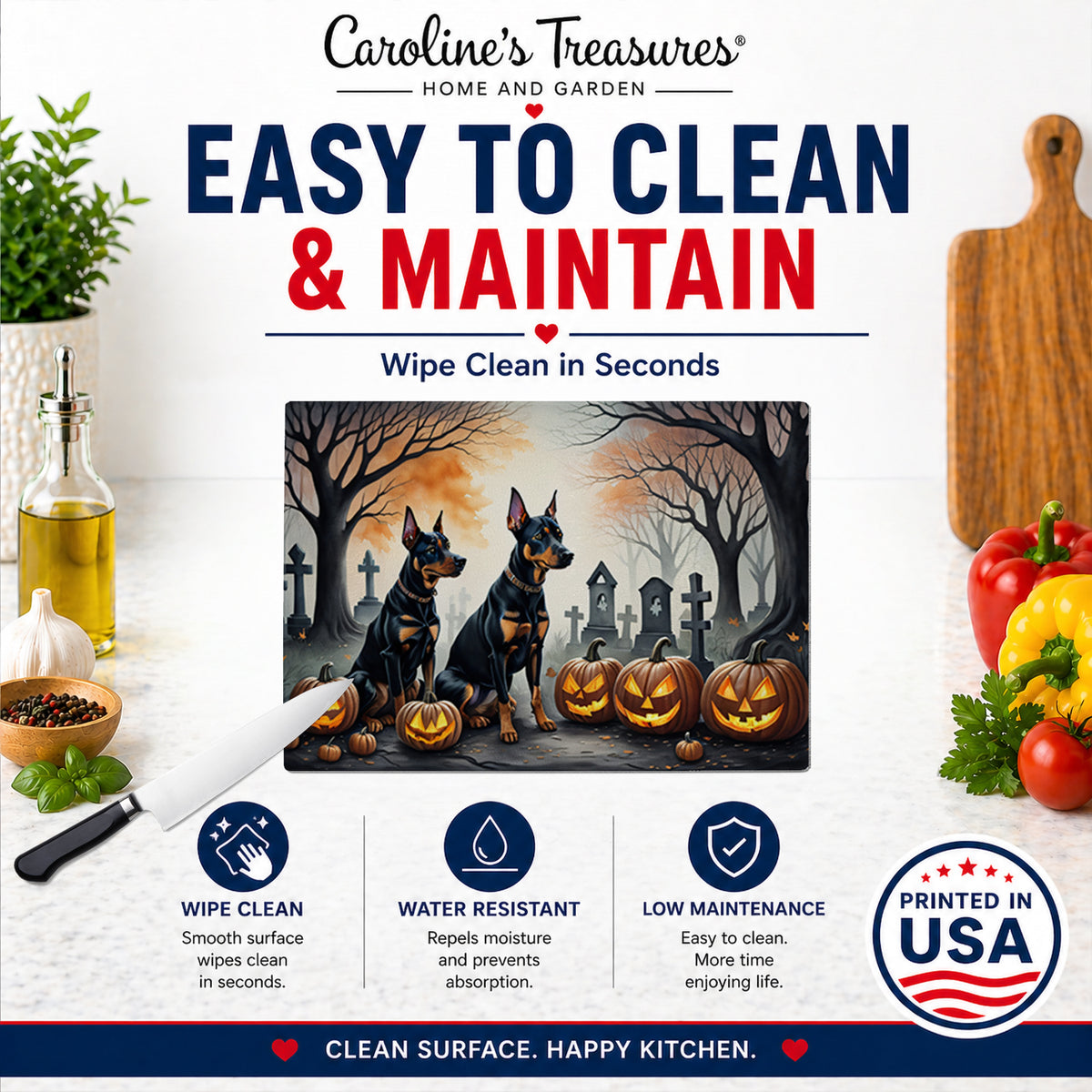 Caroline's Treasures DAC2038LCB Doberman Pinscher Spooky Halloween Glass Cutting Board Large Decorative Tempered Glass Kitchen Cutting and Serving Board Large Size Chopping Board