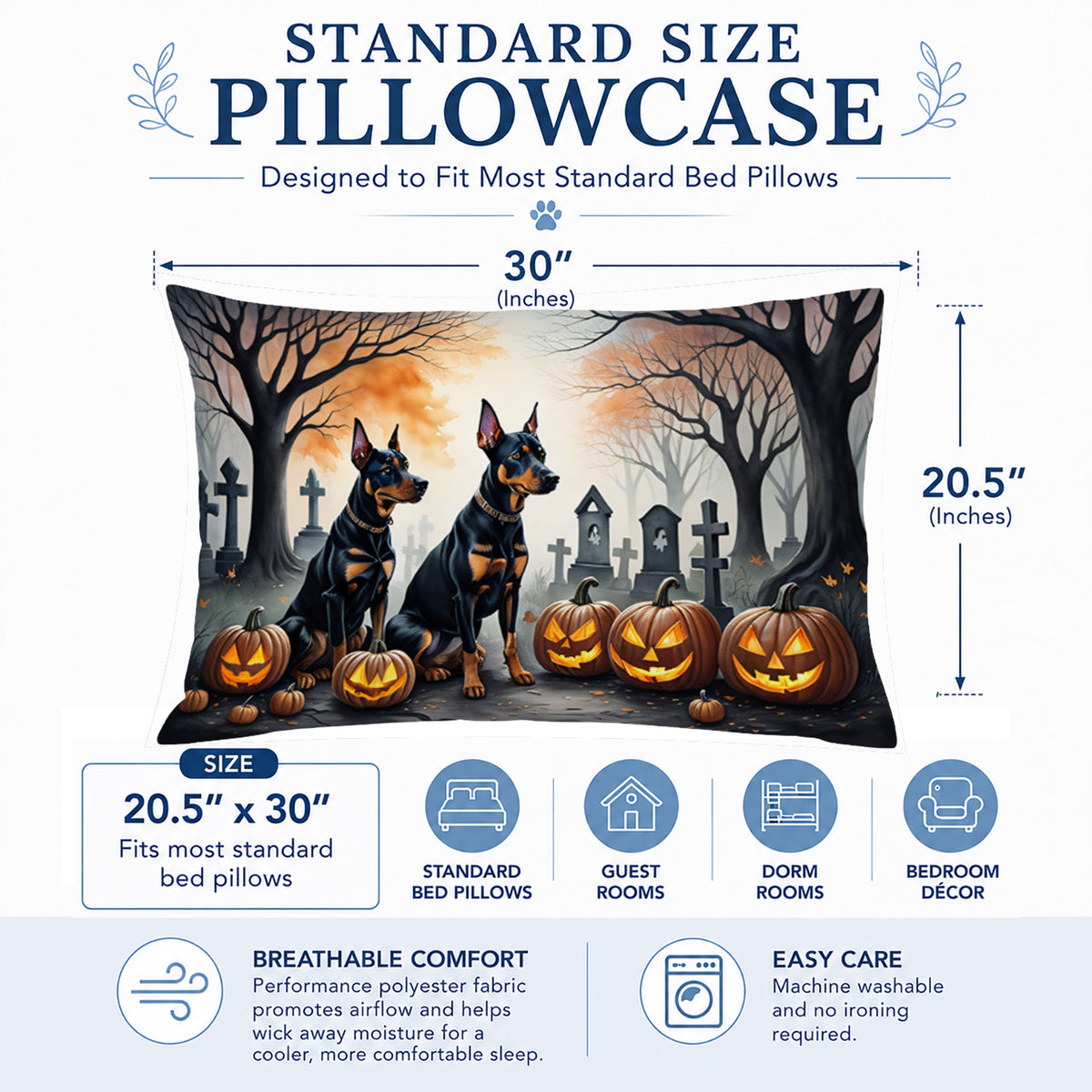 Caroline's Treasures DAC2038PILLOWCASE Doberman Pinscher Spooky Halloween Fabric Standard Pillowcase Lightweight Super Soft Easy Care Decorative Artwork Pillowcase, Standard