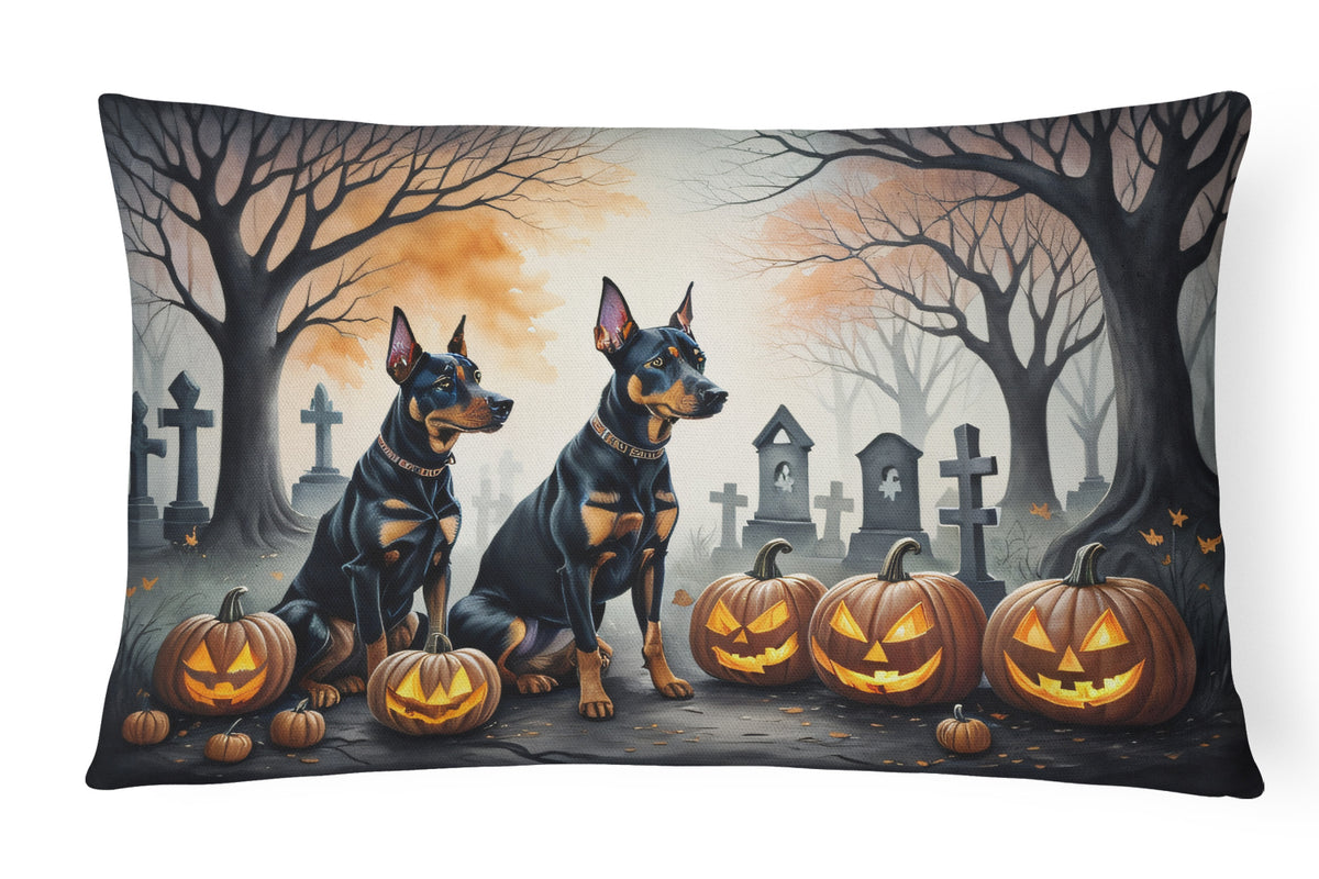 Caroline's Treasures DAC2038PW1216 Doberman Pinscher Spooky Halloween Fabric Decorative Pillow Machine Washable, Indoor Outdoor Decorative Pillow for Couch, Bed or Patio, 12HX16W