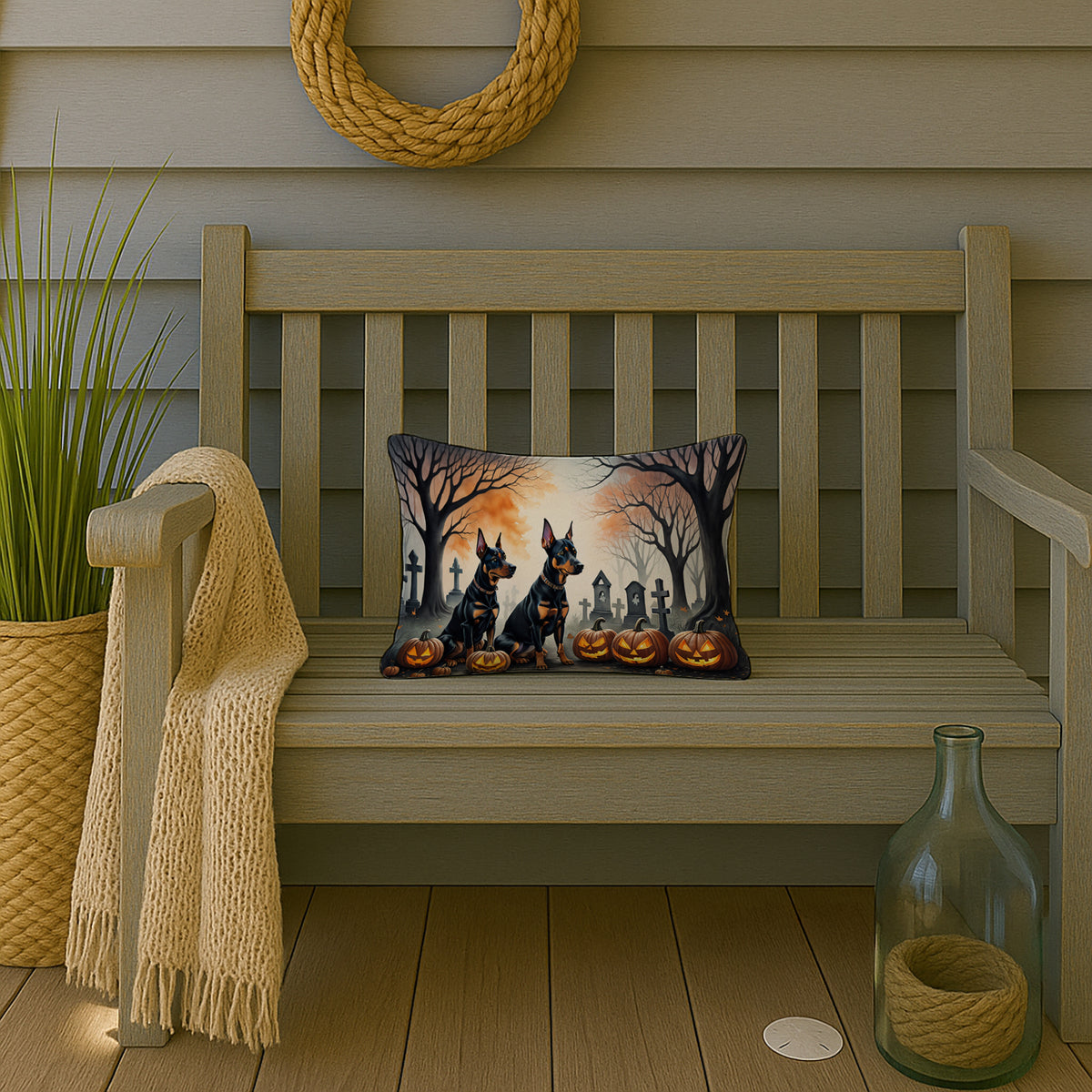 Caroline's Treasures DAC2038PW1216 Doberman Pinscher Spooky Halloween Fabric Decorative Pillow Machine Washable, Indoor Outdoor Decorative Pillow for Couch, Bed or Patio, 12HX16W