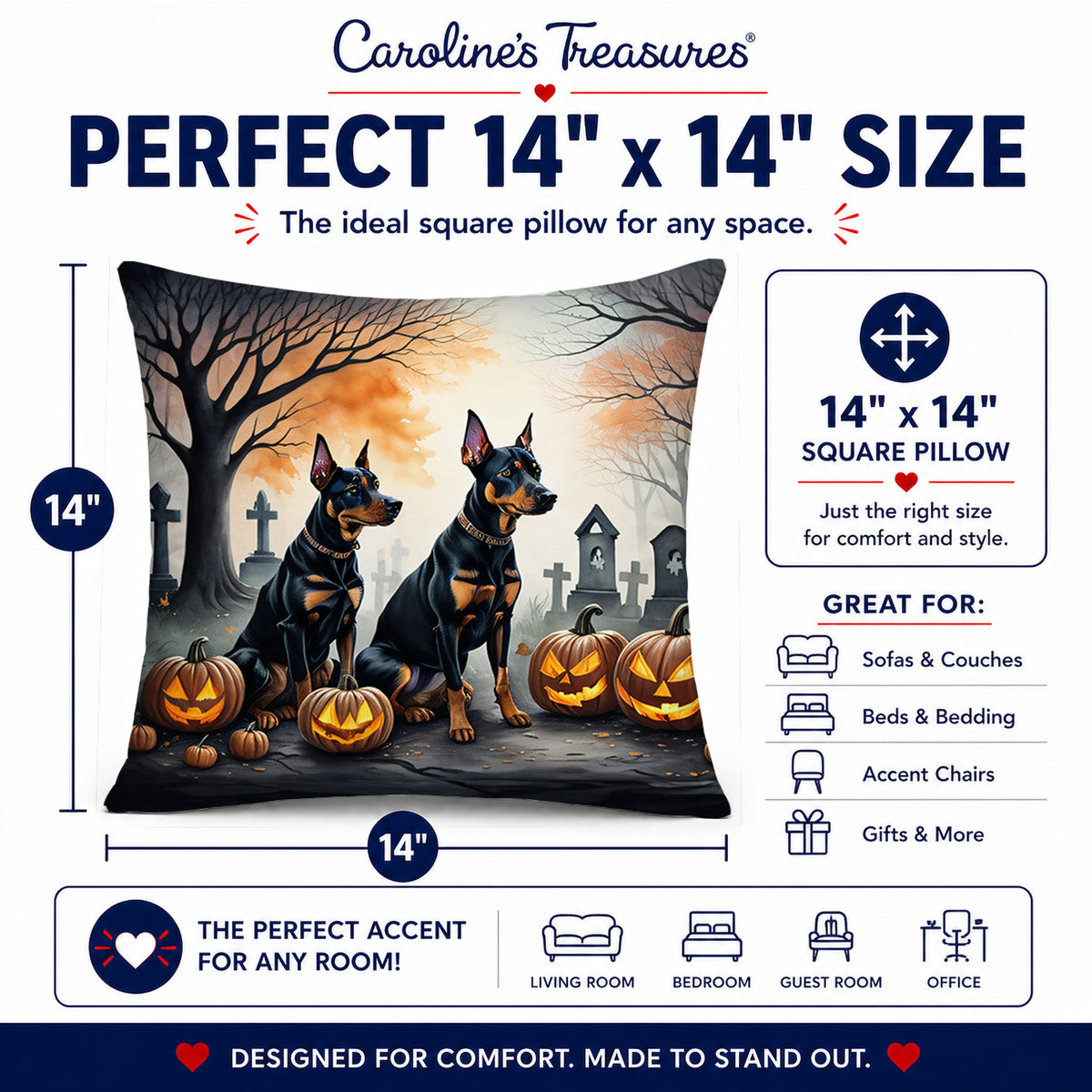 Caroline's Treasures DAC2038PW1414 Doberman Pinscher Spooky Halloween Fabric Decorative Pillow Machine Washable, Indoor Outdoor Decorative Pillow for Couch, Bed or Patio, 14Hx14W