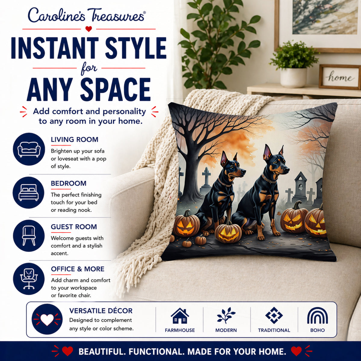 Caroline's Treasures DAC2038PW1414 Doberman Pinscher Spooky Halloween Fabric Decorative Pillow Machine Washable, Indoor Outdoor Decorative Pillow for Couch, Bed or Patio, 14Hx14W
