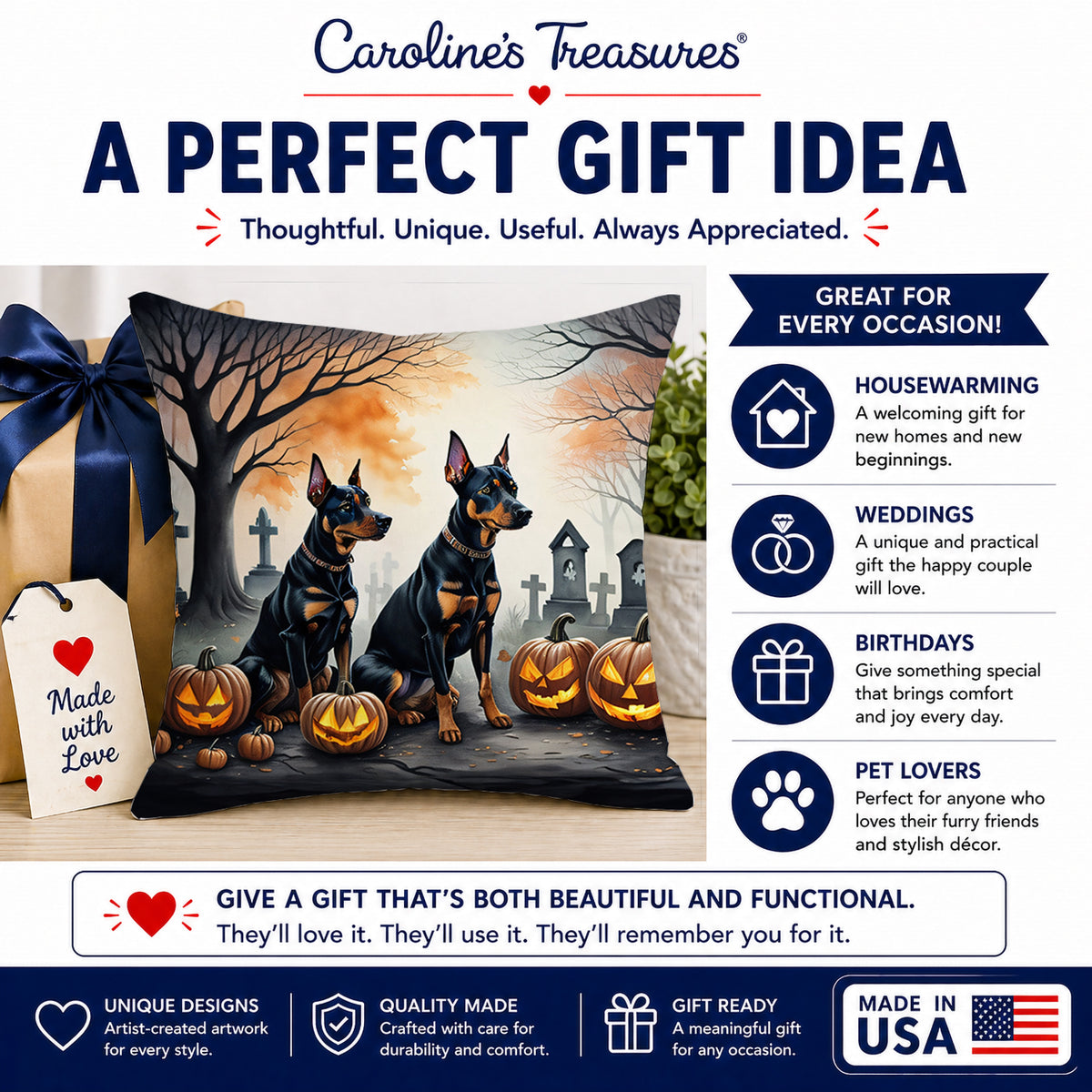 Caroline's Treasures DAC2038PW1414 Doberman Pinscher Spooky Halloween Fabric Decorative Pillow Machine Washable, Indoor Outdoor Decorative Pillow for Couch, Bed or Patio, 14Hx14W