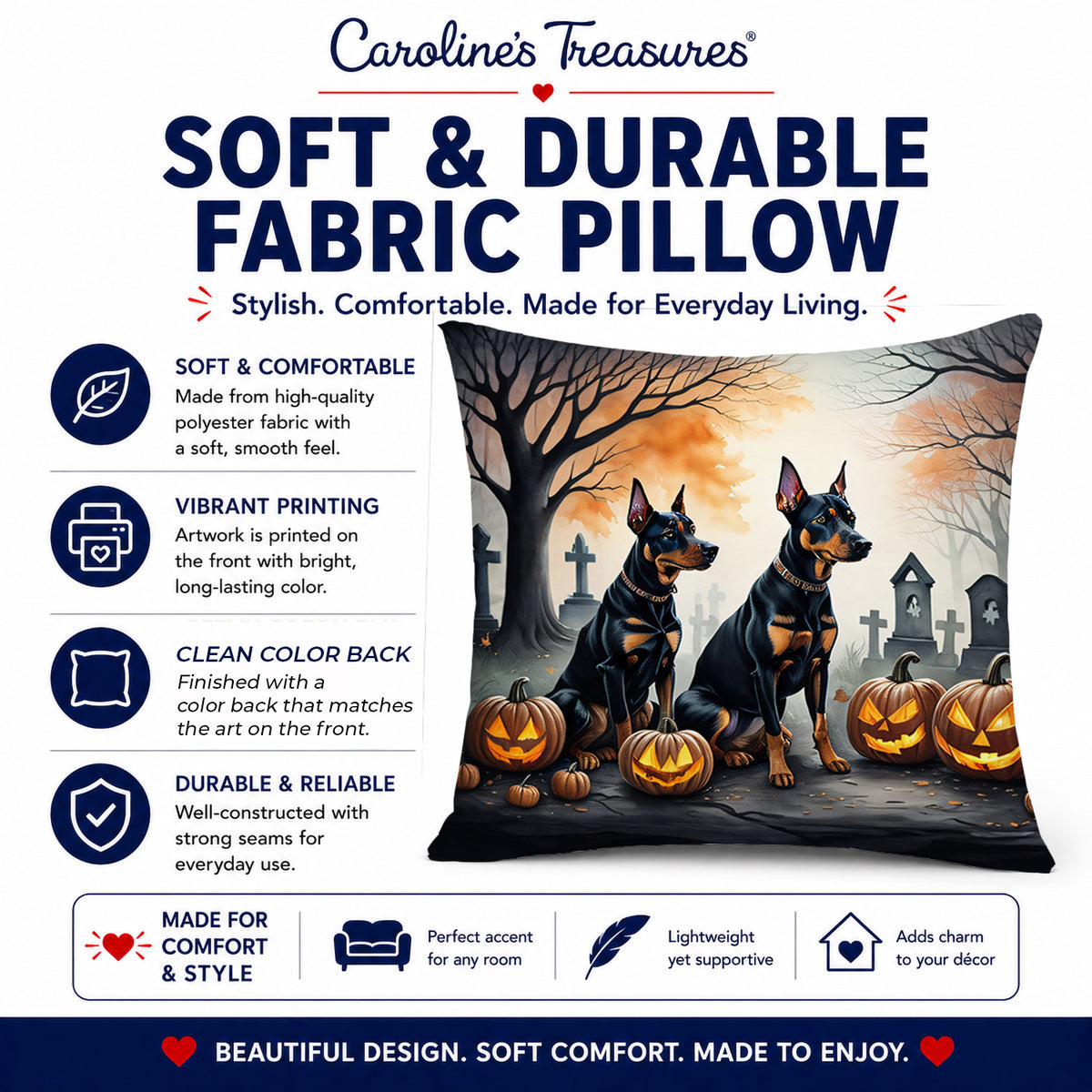 Caroline's Treasures DAC2038PW1818 Doberman Pinscher Spooky Halloween Fabric Decorative Pillow Machine Washable, Indoor Outdoor Decorative Pillow for Couch, Bed or Patio, 18Hx18W