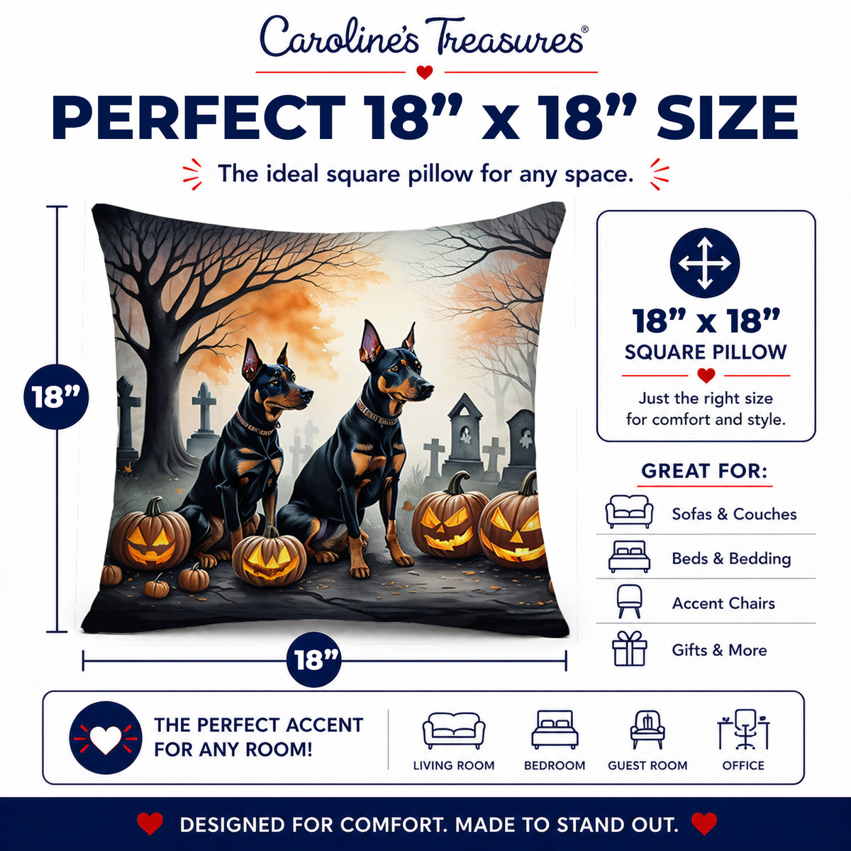 Caroline's Treasures DAC2038PW1818 Doberman Pinscher Spooky Halloween Fabric Decorative Pillow Machine Washable, Indoor Outdoor Decorative Pillow for Couch, Bed or Patio, 18Hx18W