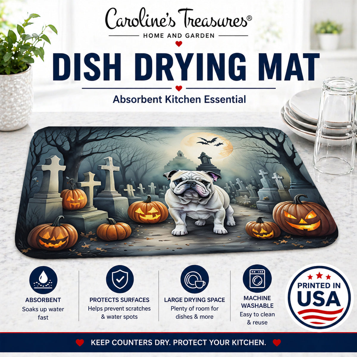 Caroline's Treasures DAC2039DDM English Bulldog Spooky Halloween Dish Drying Mat Absorbent Dish Drying Mat Pad for Kitchen Counter Dish Drainer Mat for Countertop, 14 x 21, Multicolor