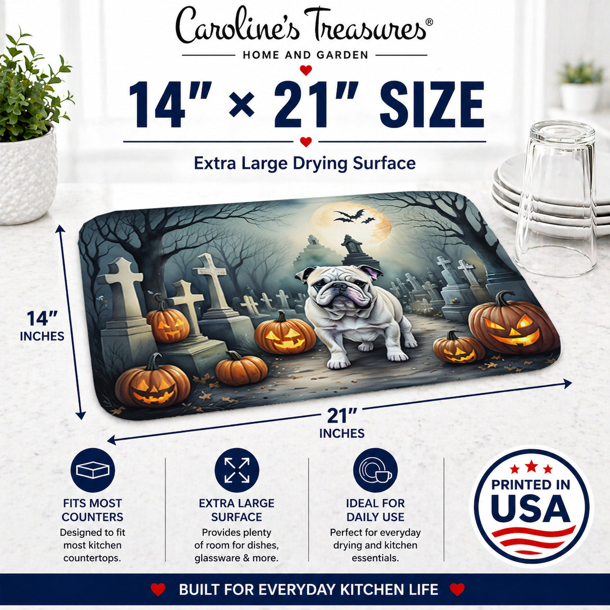 Caroline's Treasures DAC2039DDM English Bulldog Spooky Halloween Dish Drying Mat Absorbent Dish Drying Mat Pad for Kitchen Counter Dish Drainer Mat for Countertop, 14 x 21, Multicolor