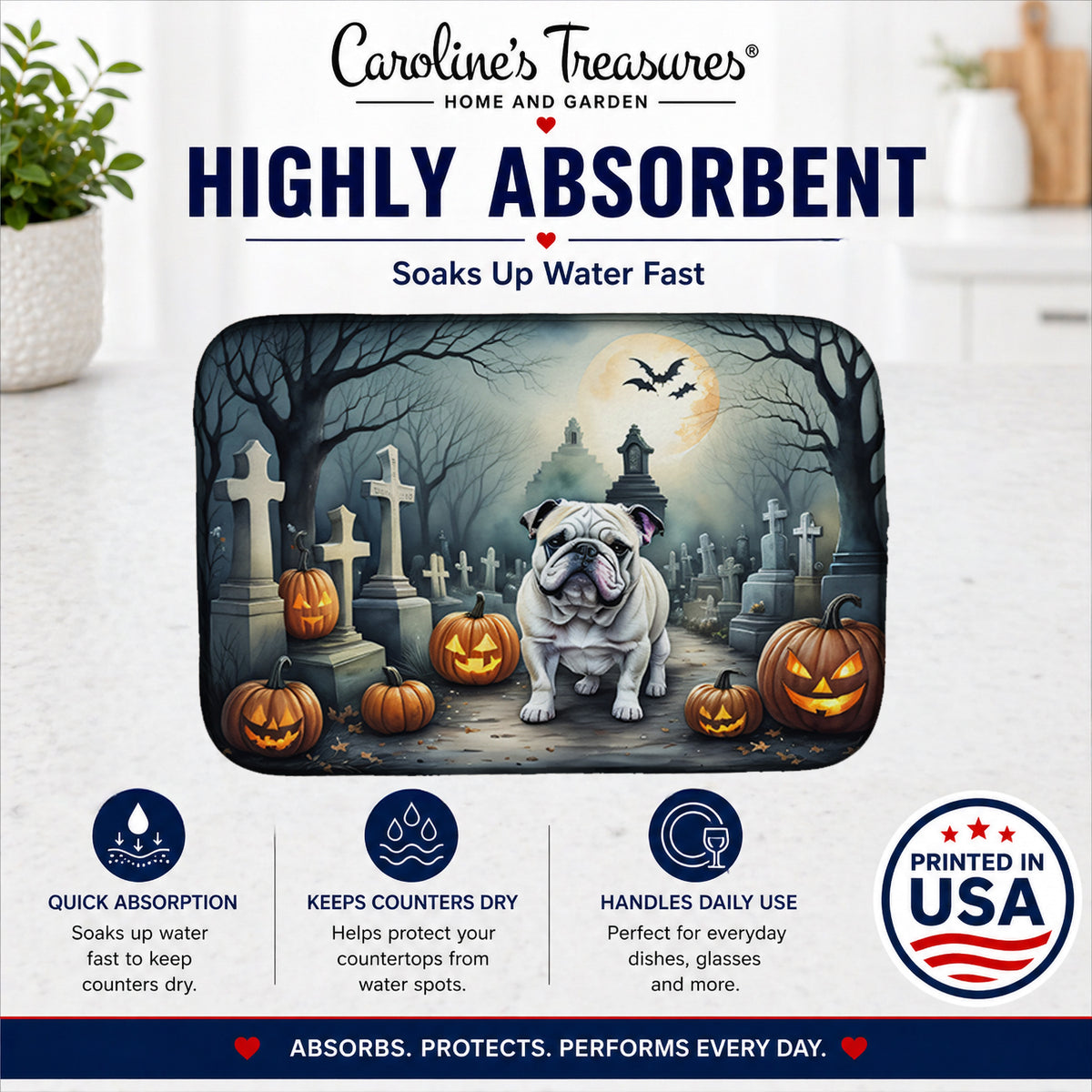 Caroline's Treasures DAC2039DDM English Bulldog Spooky Halloween Dish Drying Mat Absorbent Dish Drying Mat Pad for Kitchen Counter Dish Drainer Mat for Countertop, 14 x 21, Multicolor
