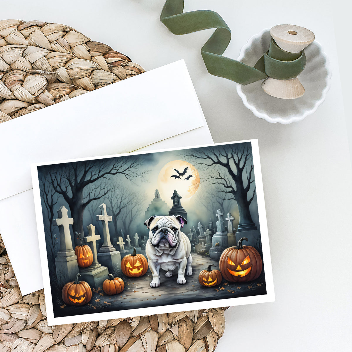 Caroline's Treasures DAC2039GCA7P English Bulldog Spooky Halloween Greeting Cards and Envelopes Pack of 8 Blank Cards with Envelopes Whimsical A7 Size 5x7 Blank Greeting Cards