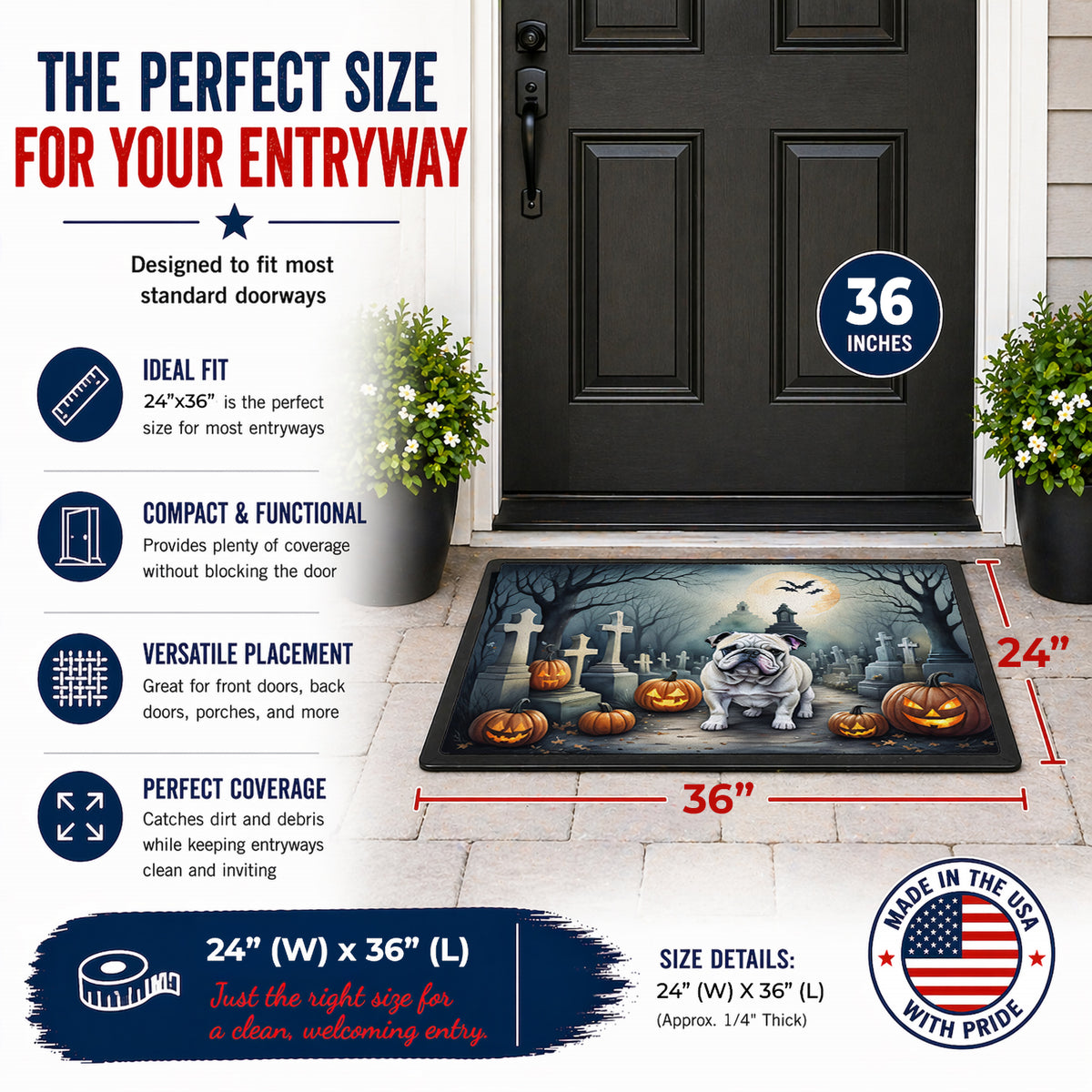 Caroline's Treasures DAC2039JMAT English Bulldog Spooky Halloween Indoor or Outdoor Mat 24x36 Front Door Mat Indoor Outdoor Rugs for Entryway, Non Slip Washable Low Pile, 24H X 36W