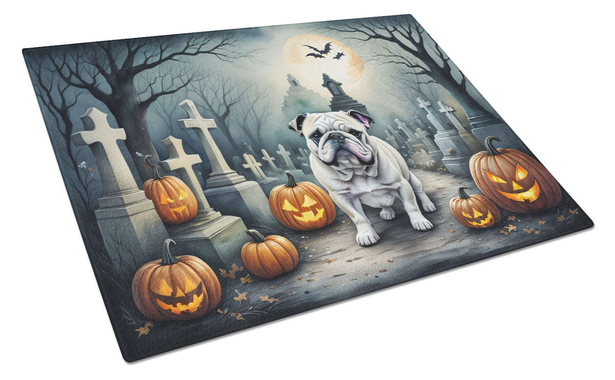 Caroline's Treasures DAC2039LCB English Bulldog Spooky Halloween Glass Cutting Board Large Decorative Tempered Glass Kitchen Cutting and Serving Board Large Size Chopping Board