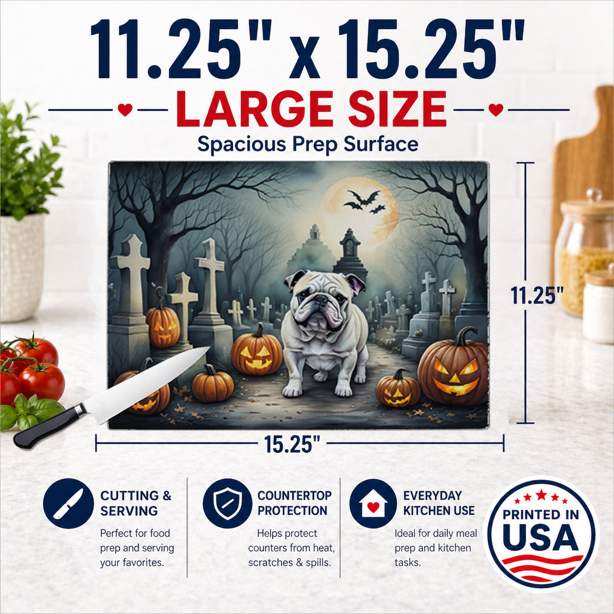 Caroline's Treasures DAC2039LCB English Bulldog Spooky Halloween Glass Cutting Board Large Decorative Tempered Glass Kitchen Cutting and Serving Board Large Size Chopping Board