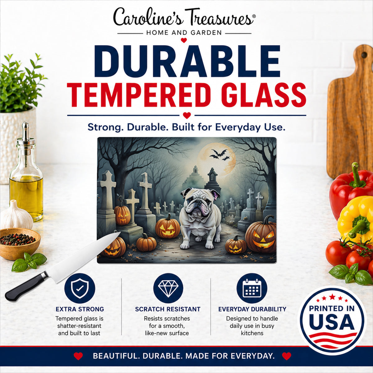 Caroline's Treasures DAC2039LCB English Bulldog Spooky Halloween Glass Cutting Board Large Decorative Tempered Glass Kitchen Cutting and Serving Board Large Size Chopping Board